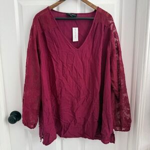 NWT Lane Bryant Burgundy Lace Sleeve V-Neck Blouse Dobby Top 22/24 NEW